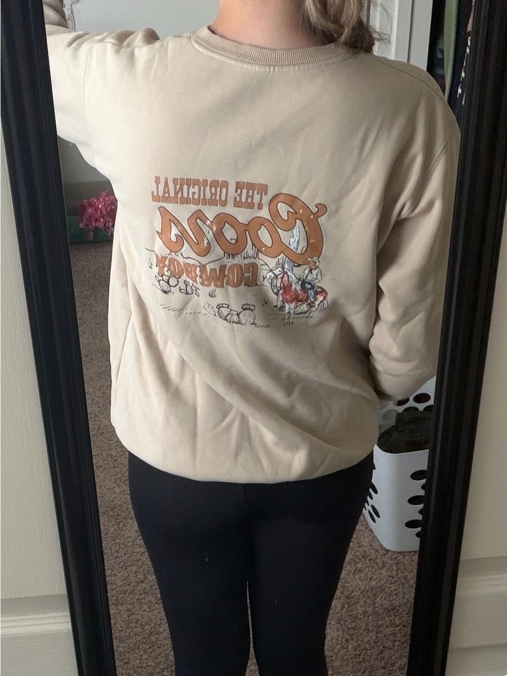 Women’s Classic Crewneck Sweatshirt in Beige with Chest Graphic - Picture 6 of 6